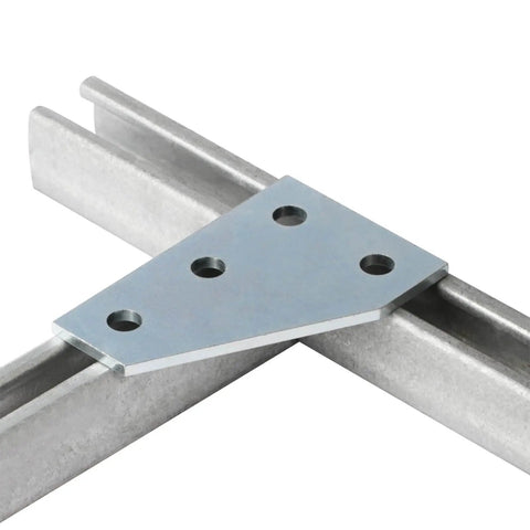 Durable carbon steel 4-pc flat plate fittings for 1-5/8 inch strut channel, 4-hole corner gusset brackets with 7/32 inch thickness, installed view