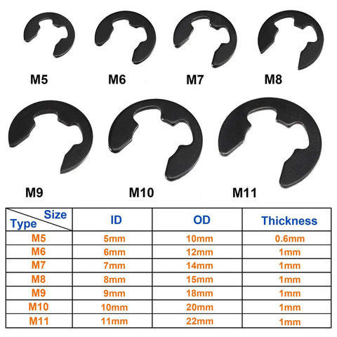 E Clip Circlip Snap Ring Assortment Set 15 Sizes From 1mm To 11mm 300 Pcs Carbon Steel External Retaining Rings For Shafts With Black Oxide Finish