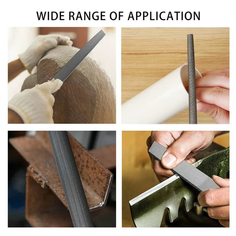 Efficient 3 piece 8 inch metal file set demonstrating various applications on wood, plastic, and metal surfaces