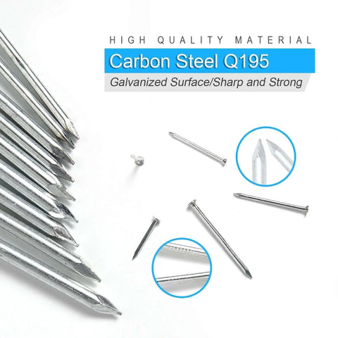 Close-up of galvanized nails from the 376 Piece Premium Hardware Nails Assortment Kit, featuring carbon steel Q195 material.