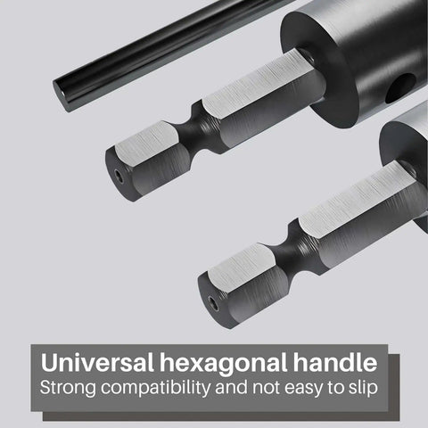 Close-up of Tapered Reamer Set With T Handle For Guitar Making And Woodworking, carbon steel hex shank showing universal handle.