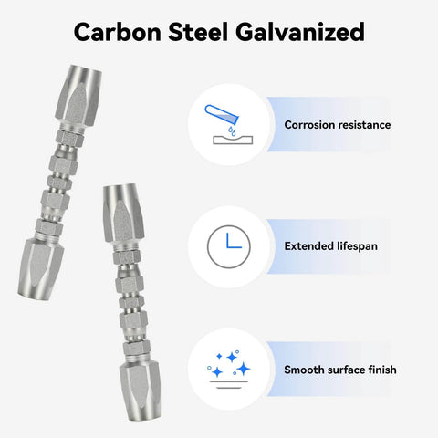 Hydraulic hose fittings made of zinc-plated carbon steel for Go-To 3-Piece Hydraulic Hose Repair Kit.