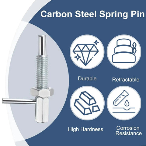 Two Pack Retractable Indexing Plunger Pin M12x1.75 shown with features like durability, retractability, high hardness, and corrosion resistance.
