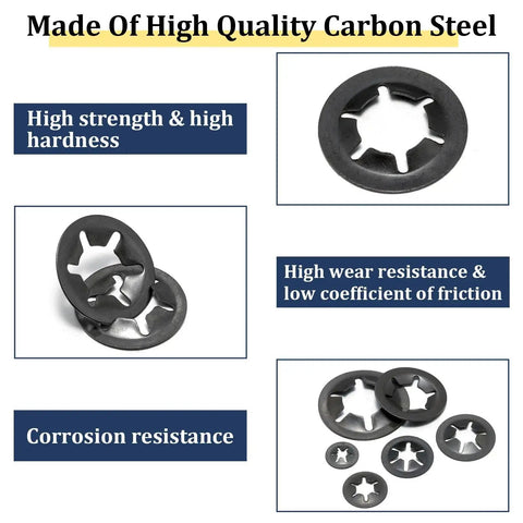 Internal Tooth Star Lock Washers Kit M2.5 To M12 Push Nuts 500 Pcs showing carbon steel washers with high strength and corrosion resistance.