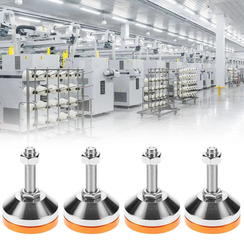 Heavy Duty Carbon Steel Leveling Feet With Anti Skid Pads 4 Pack in front of industrial machinery setting