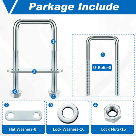 Square U Bolts M8 Set Carbon Steel With Nuts Washers And Frame Plates For 40mm Square Tubing And Sailboat Trailers Industrial Hardware Kit Includes 8 U Bolts 16 Washers 16 Nuts And 8 Frame Plates visible with components