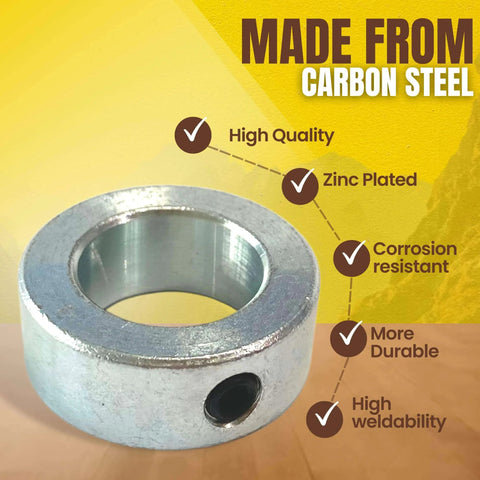 Carbon steel component highlighting zinc plating, corrosion resistance, durability, and weldability in a product showcase.