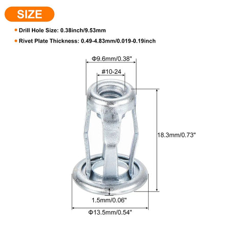 Diagram of Multi Grip Rivet Nut Set 10Pcs 10-24 Thread Carbon Steel Blind Rivet Nuts with dimensions and zinc finish.