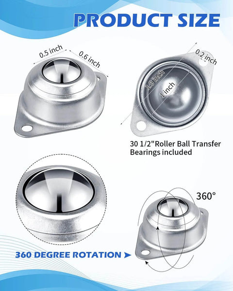 30 Pcs 1/2 Inch Roller Ball Transfer Bearings Carbon Steel Ball Casters with smooth 360 degree rotation for conveyors and trolleys