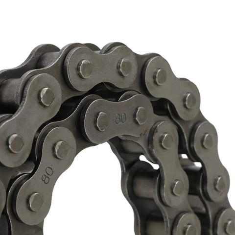 Close-up of Ten Feet Long 80 Roller Chain ANSI No 80 Carbon Steel With 120 Links And One Connecting Link Heat Treated for industrial use.