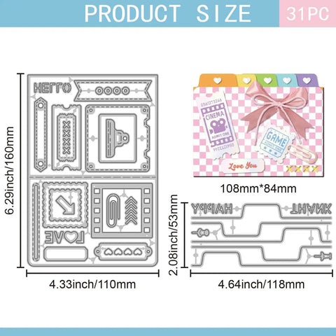 Two Sets Dope Folder Slide Die Cuts For Scrapbooking And Card Making With Carbon Steel Cutting Dies Label Clip Greeting Film Postage Stamp Templates For DIY Embossing And Papercraft Projects displayed with dimensions and designs.