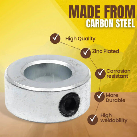 Four Pack Five Eighths Inch Bore Solid Steel Shaft Collars With Set Screws Zinc Plated, features highlighted