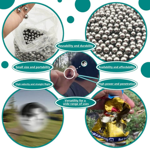 Collage showing 1000 Pcs Five Sixteenths Inch Precision Steel Bearing Balls For Slingshots 8mm Ammo Carbon Steel AISI 1015 in use and close-up
