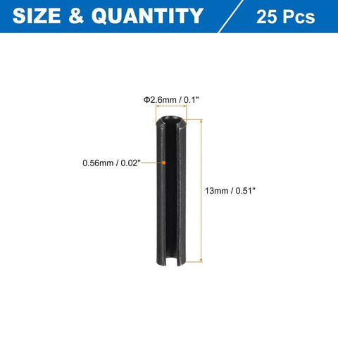 25Pcs 3/32" x1/2" Slotted Spring Pins Carbon Steel Split Expansion Pin Roll Pin Assortment for Home Improvement Automotive Machine Repair, Black - Size and measurements