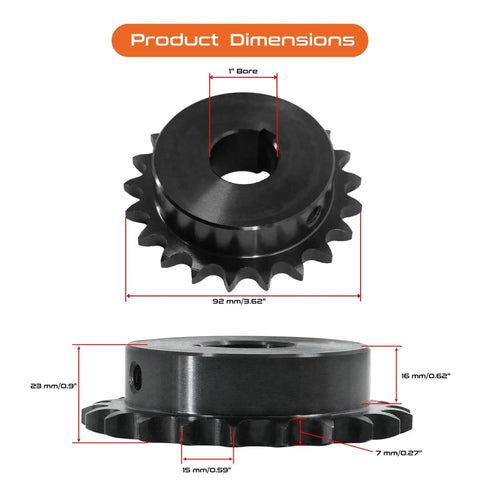 Heavy Duty Workhorse 40 Tooth Roller Chain Sprocket with 1 Inch Bore B Hub Carbon Steel Drive Sprocket and dimensions, top and side view