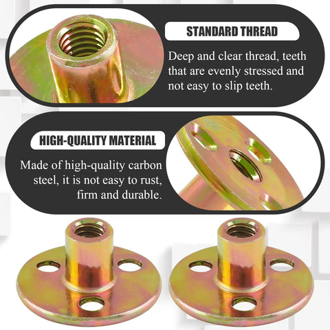 Close-up of 12 Pack Round Base T Nuts 1/4-20 Thread Screw-In Flange Inserts for wood furniture with carbon steel material