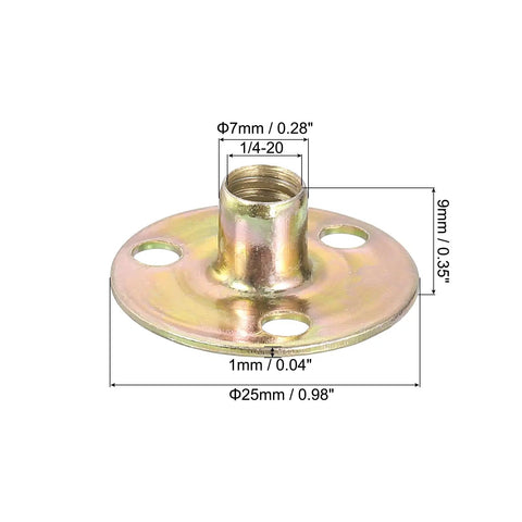 1/4-20 Brad Hole Tee Nut Set, 20 Pieces, Carbon Steel Round Base Screw-In T Nuts, Flange Style Female Thread Insert Nuts shown with dimensions
