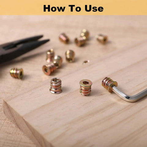 Beefy M4x10mm Carbon Steel Furniture Threaded Inserts Hex Drive Kit For Wood 20 Pcs Fasteners shown being installed in wood.