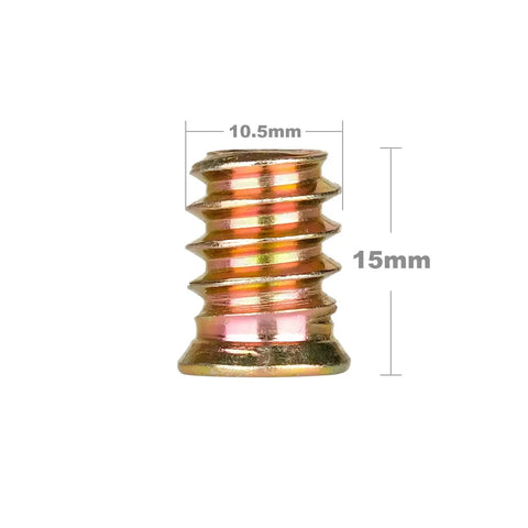 Close-up of 15mm carbon steel wood insert with dimensions; part of 40 Piece Set Of 1 Quarter Inch 20 Threaded Wood Inserts And Furniture Screws.