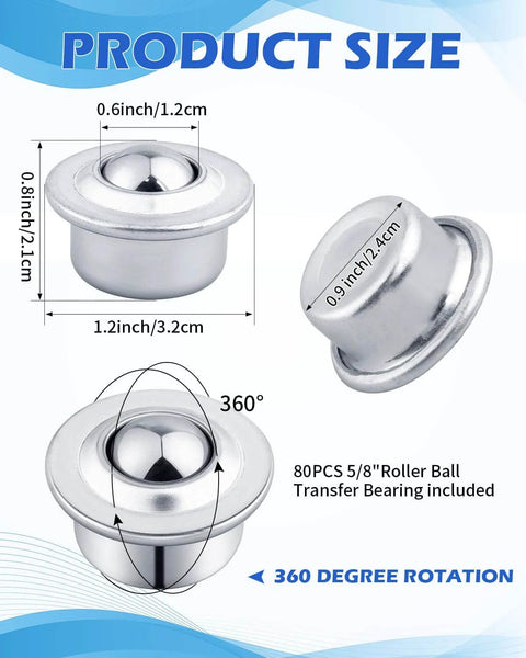 5/8" Roller Ball Transfer Bearing, 120PCS CY-15H Carbon Steel Ball Bearing Rollers, with 360-degree rotation feature.