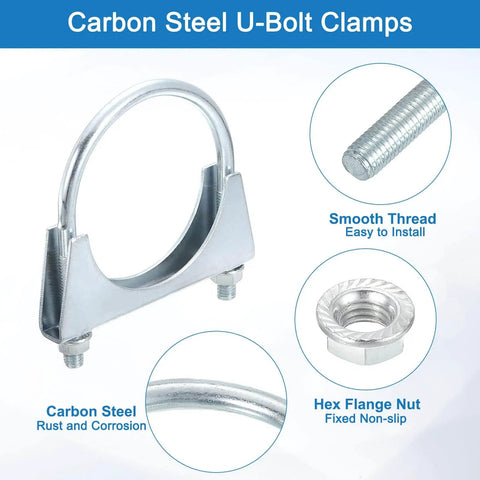 Four piece muffler U-bolt clamp set for one and a quarter inch inner diameter exhaust pipes, showing carbon steel clamps