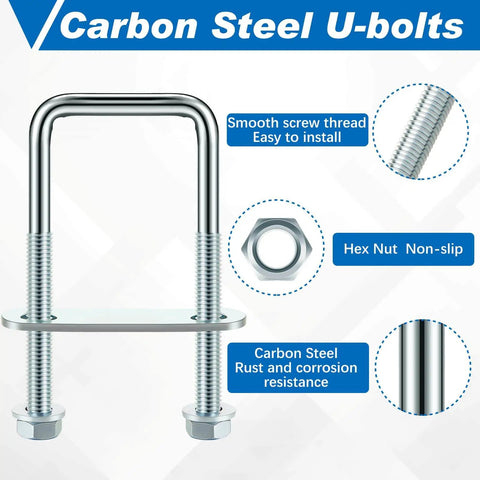 Square U Bolts M8 Set Carbon Steel With Nuts Washers And Frame Plates For 40mm Square Tubing And Sailboat Trailers Industrial Hardware Kit Includes 8 U Bolts 16 Washers 16 Nuts And 8 Frame Plates close-up view