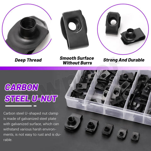 Heavy Duty Car U Clip Kit 50 Pieces M4 M5 M6 M8 M10 U Clips For Dash And Interior Trim Panels, Universal Auto Fasteners, Black Carbon Steel, Includes Storage Box