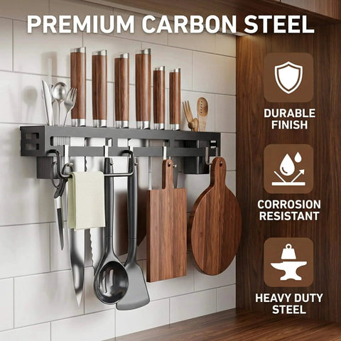 Wall Mount Utensil Rack, 15.7inch Kitchen Utensil Hanger for knives, spoons, chopping boards, and more, installed on kitchen wall.