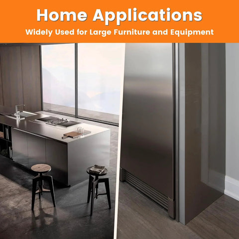 Home kitchen with modern refrigerator and island, showcasing application of Ten Piece Carbon Steel Wedges Set for leveling and alignment