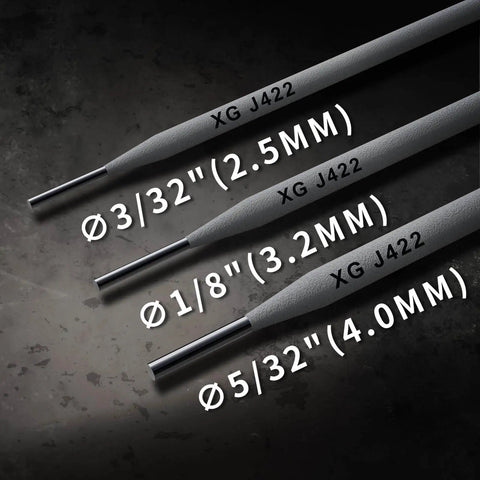Three sizes of Premium E4303 J422 Carbon Steel Welding Rods, showing 3/32, 1/8, and 5/32 inch calcium titanium coated electrodes