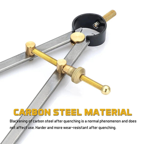 Close-up of adjustable lockable spring wing divider calipers set in carbon steel for precision marking and creasing.