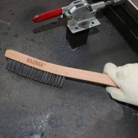 Wire Brush,Heavy Duty Carbon Steel Wire Scratch Brush for Cleaning Rust with 14" Long Curved Beechwood Handle,Large in use