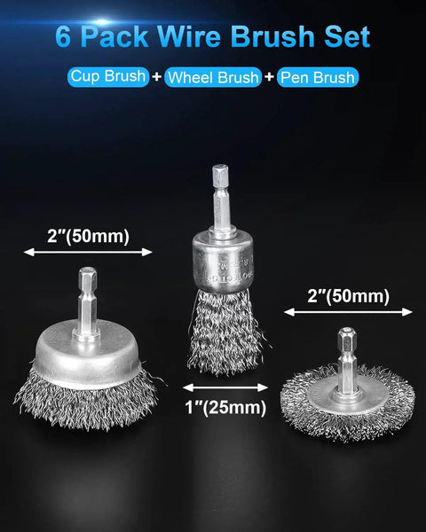 Six Pack Carbon Steel Wire Wheel And Pen Brush Set With One Quarter Inch Hex Shank For Rust Removal And Surface Scrubbing, displaying three brushes including a cup brush, pen brush, and wheel brush, all with dimensions visible.