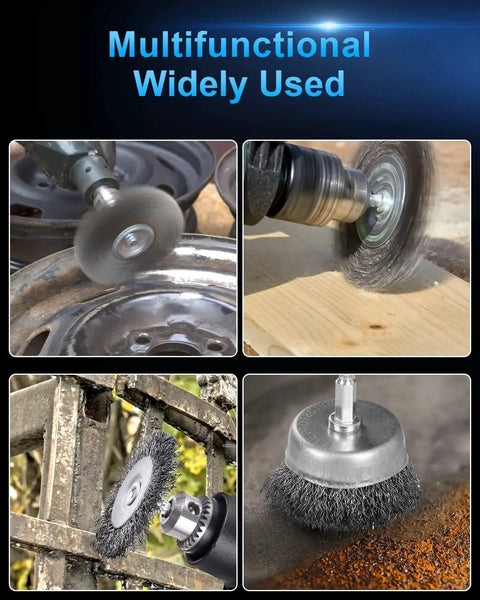 Six Pack Carbon Steel Wire Wheel And Pen Brush Set with One Quarter Inch Hex Shank used for rust and surface cleaning