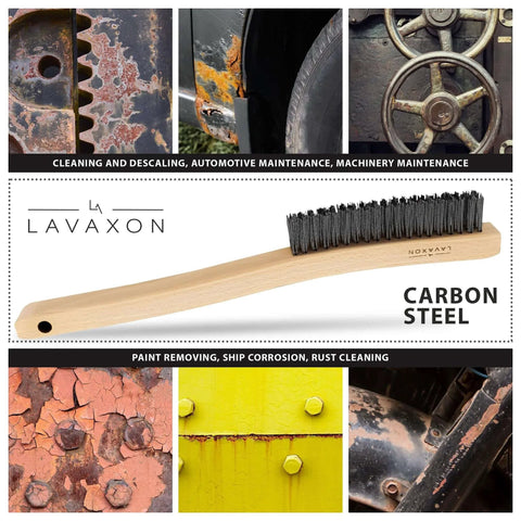 Wire Brush Set-Heavy Duty Stainless & Carbon Steel Bristles with Wood Handle Grip for Rust, Wielding Slag, Dirt & Paint Scrubbing – 14 Inches (Pack of 2) displayed with rust and corrosion examples.