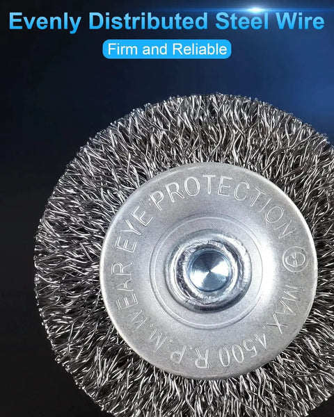 Close-up of a wire wheel brush from Six Pack Carbon Steel Wire Wheel And Pen Brush Set With One Quarter Inch Hex Shank For Rust Removal