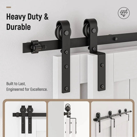 Bypass Sliding Barn Door Hardware Kit With Single Track System In Frosted Black Carbon Steel for easy installation shown.