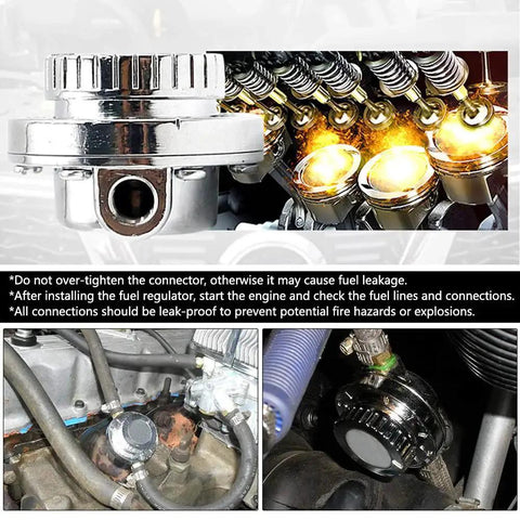 Adjustable 1 to 5 PSI Fuel Pressure Regulator for Carburetors with zinc alloy body, chrome finish, installed in engine compartment.
