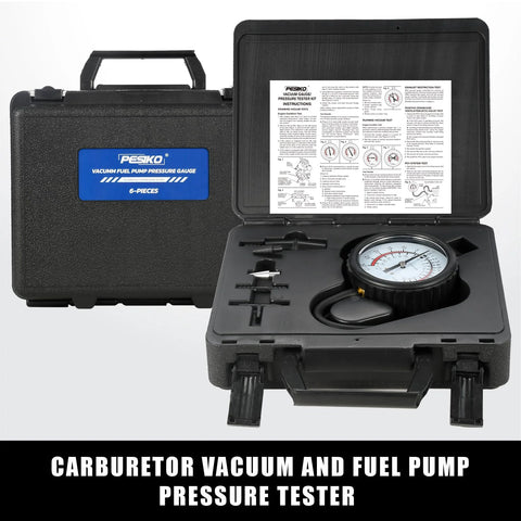 PESIKO 6-piece vacuum and fuel pump pressure tester kit in a black hard case with gauge, hoses, and adapters.