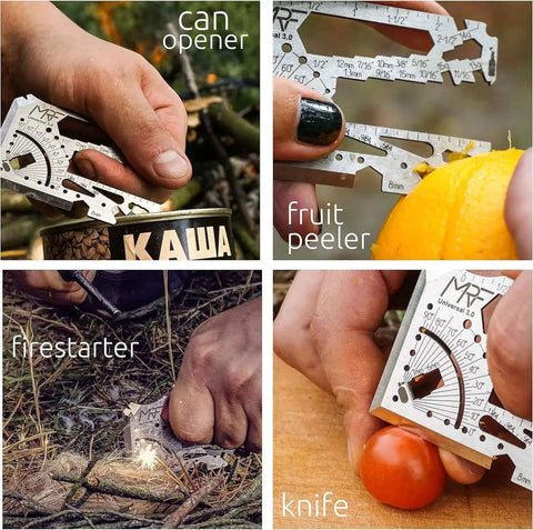 Universal 3.0 Card Multitool with 60+ tools in 440C steel, showing can opener, fruit peeler, firestarter, and knife features in action.