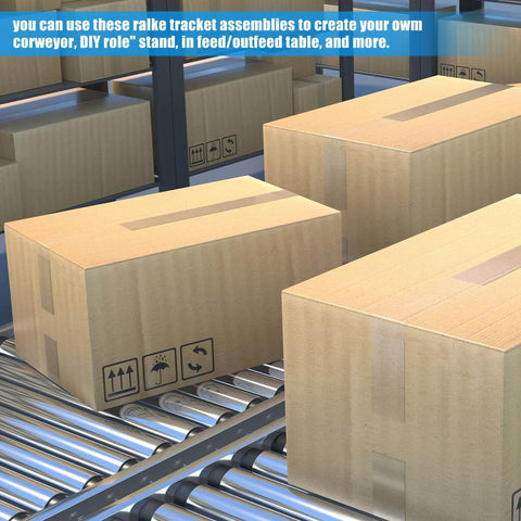 Boxes on a conveyor system with text about DIY rack assemblies for creating custom conveyor setups.
