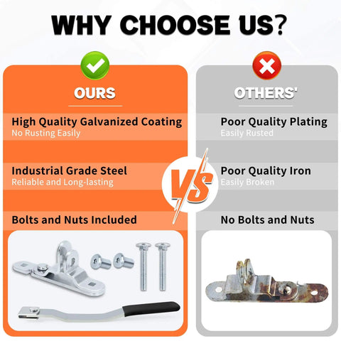 Comparison chart of durable cargo trailer door hasp with lockable pad and fasteners vs inferior product