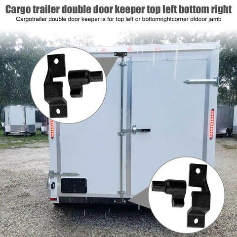 Rear view of cargo trailer with installed Cargo Trailer Cam Bar Keeper For Cam Bar Latch Kits Door Hardware Replacement Bottom And Top Lug Keepers