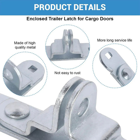 Durable door latch keeper for enclosed trailers, fits standard padlocks and race bar locks; shown in close-up, galvanized metal.