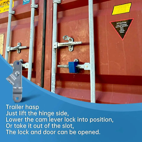 Trailer Hasp Lock With Keeper For Cargo Enclosed Race Car Hauler Doors, theft resistant bar lock installed, front view.