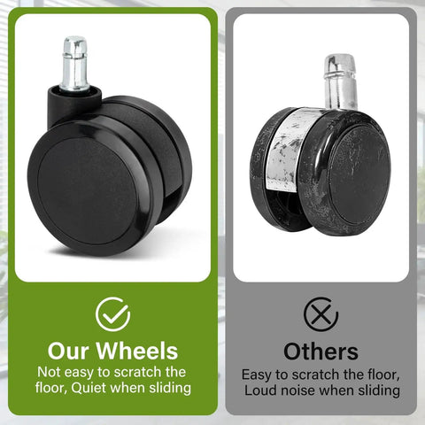 Comparison of 2.5 Inch Carpet Casters For Office Chairs Compatible With Aeron Embody Mirra SAYL And Setu Chairs Black Set Of 5, showing smooth and quiet rolling versus noisy and scratch-prone wheels.