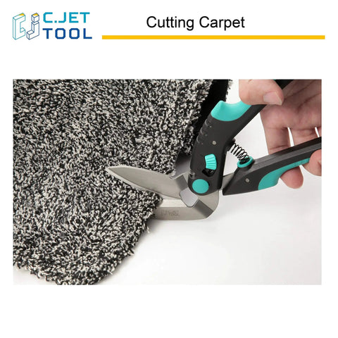 Heavy Duty 10 Inch Carpet Cutter And Multipurpose Cutting Tool with stainless steel curve blade and ergonomic turquoise handle cutting carpet