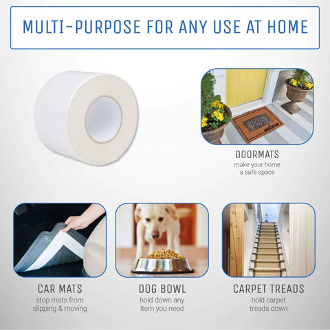 Heavy Duty Double Sided Carpet Tape 2 Inch By 40 Yard For Rug And Carpet Underlayment shown with various home uses