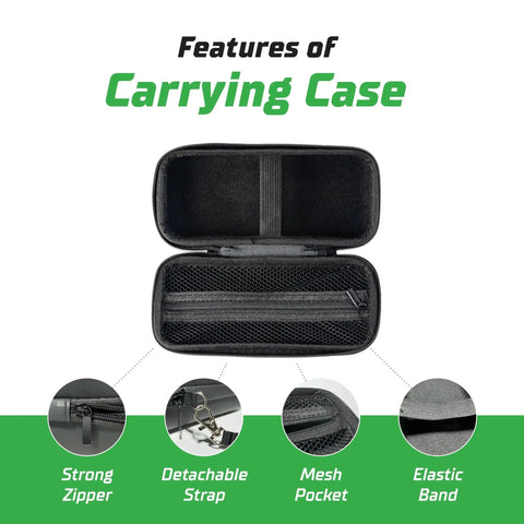 Open view of a durable carrying case with a rugged polyurethane shell and soft velvet lining protects your handheld tire inflator on the go, with a built-in mesh pocket for air pump connectors and a snug fit for most models.