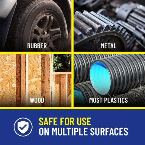 Various surfaces including rubber, metal, wood, and most plastics with text 'Safe for use on multiple surfaces'.